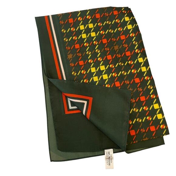 Vintage Italian Geometric Print Scarf | 1970s, Dark Green, Mod Print, 15x44" - Picture 2 of 5